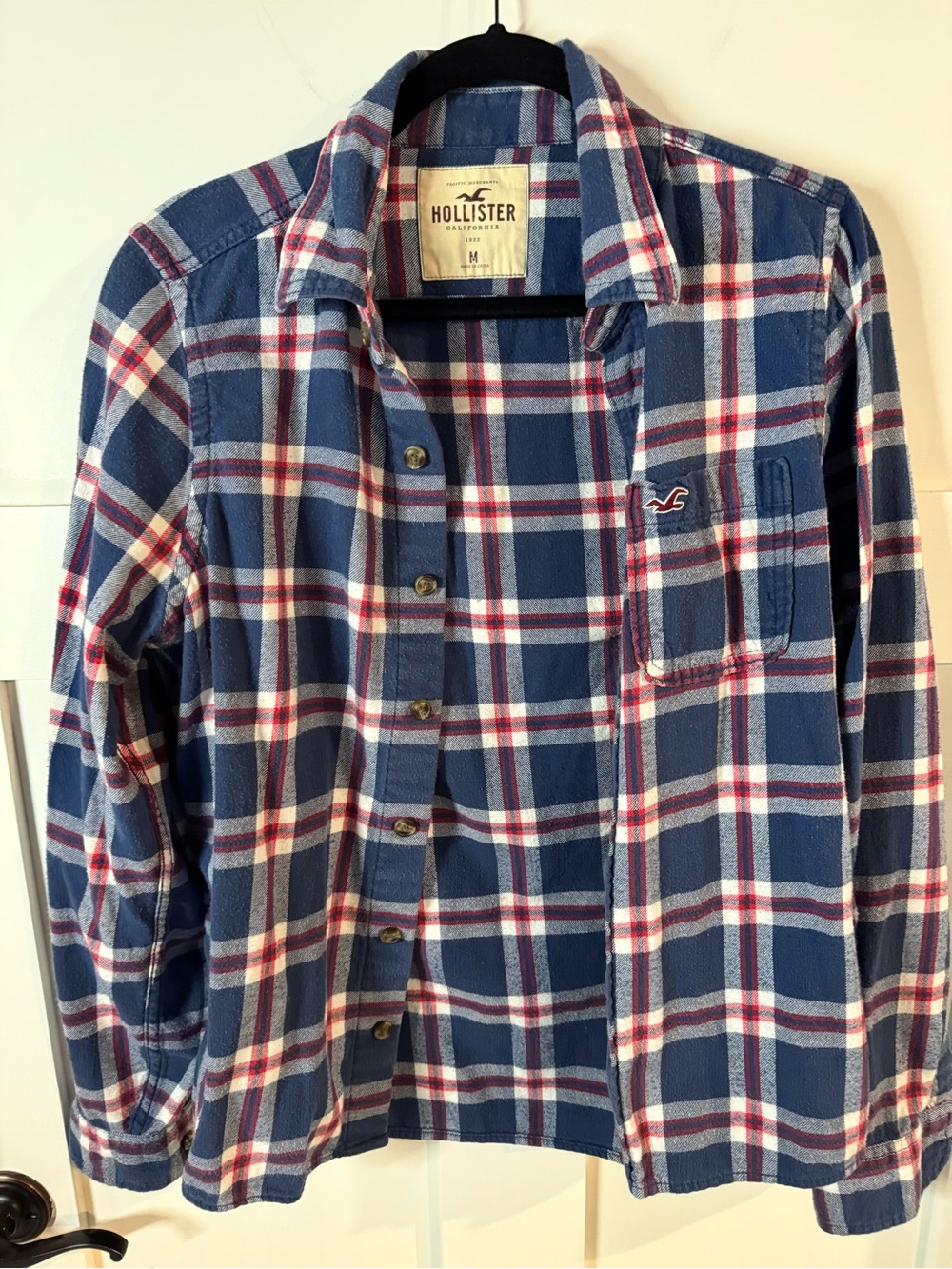Vintage Hollister Men's Navy, White & Red Plaid Button-Down Shirt
